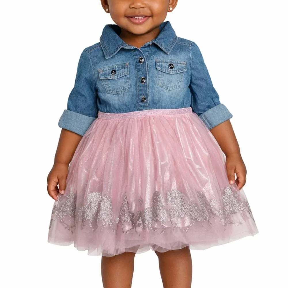 Zunie Girls Cotton Blend Denim & Pink Glitter Unicorn Tutu Dress - 2T